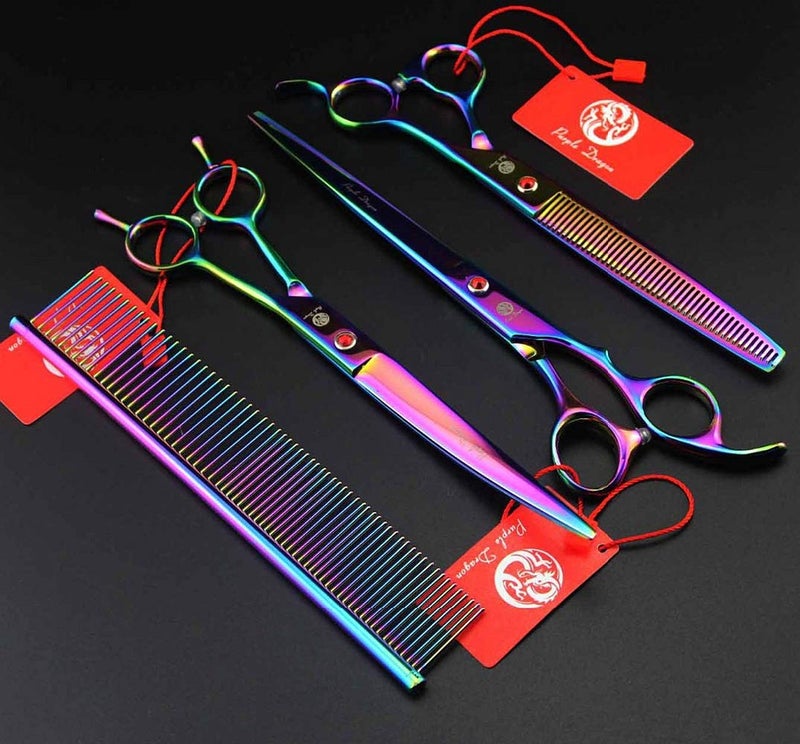 Purple Dragon 8.0" Titanium Multicolor Professional Pet Grooming Scissors Set,Straight & Thinning & Curved Scissors Shear with Bag for Dog Cat Grooming - Image 5